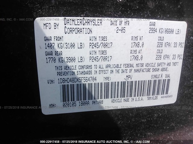 1D8HD48DX5F564704 - 2005 DODGE DURANGO SLT 勃艮第红 照片 9