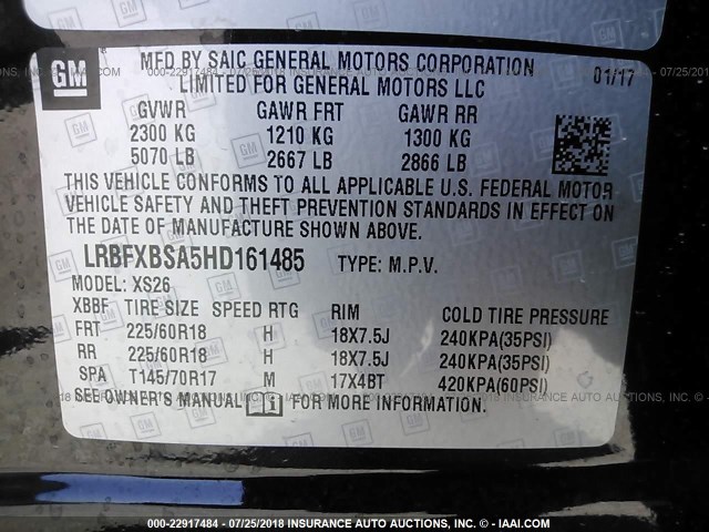 LRBFXBSA5HD161485 - 2017 BUICK ENVISION ESSENCE 黑色 照片 9