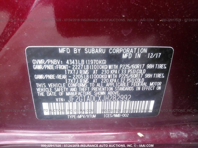 JF2GTADCXJH282992 - 2018 SUBARU CROSSTREK PREMIUM Каштановый фото 9