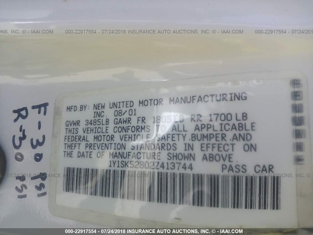 1Y1SK52802Z413744 - 2002 CHEVROLET GEO PRIZM LSI WHITE photo 9