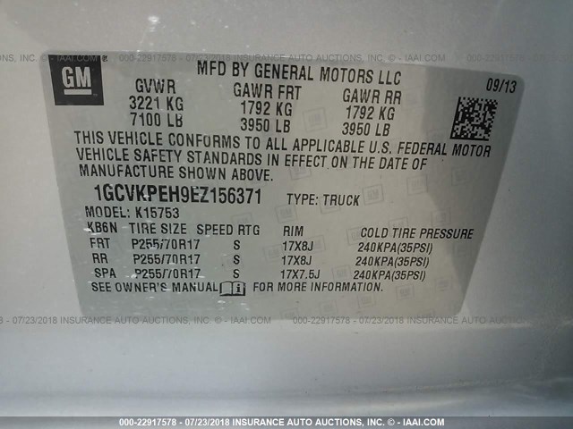 1GCVKPEH9EZ156371 - 2014 CHEVROLET SILVERADO K1500 SILVER photo 9