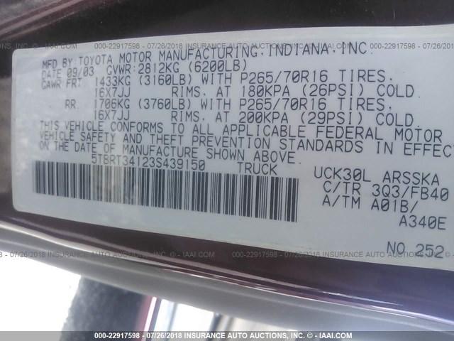 5TBRT34123S439150 - 2003 TOYOTA TUNDRA ACCESS CAB SR5 ბურგუნდია ფოტო 9