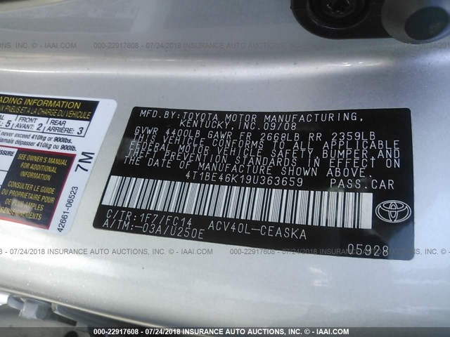 4T1BE46K19U363659 - 2009 TOYOTA CAMRY SE/LE/XLE SILVER photo 9