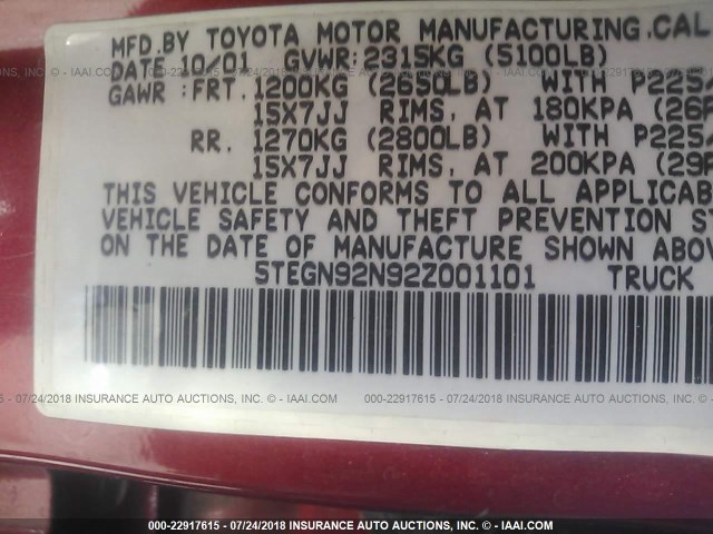 5TEGN92N92Z001101 - 2002 TOYOTA TACOMA DOUBLE CAB PRERUNNER BURGUNDY photo 9