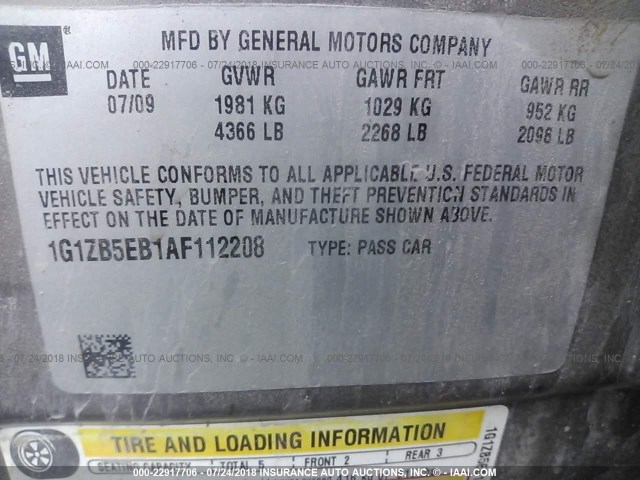 1G1ZB5EB1AF112208 - 2010 CHEVROLET MALIBU LS GRAY photo 9