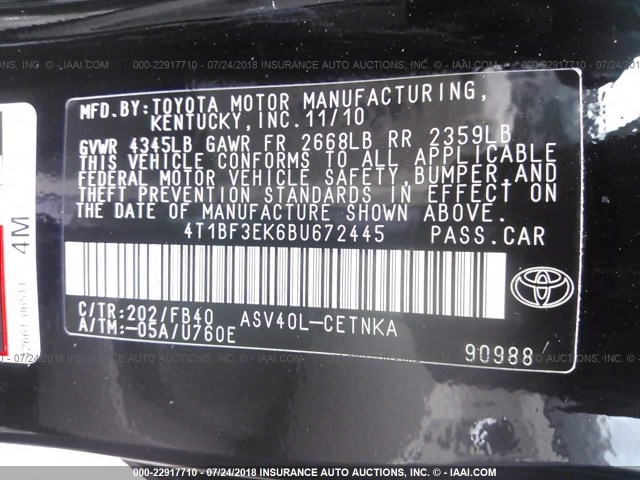 4T1BF3EK6BU672445 - 2011 TOYOTA CAMRY SE/LE/XLE შავი ფოტო 9