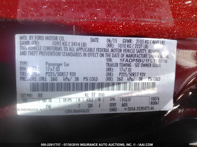 1FADP5BU1FL118016 - 2015 FORD C-MAX SEL RED photo 9