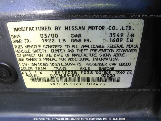 3N1CB51D2YL309475 - 2000 NISSAN SENTRA XE/GXE GRAY photo 9