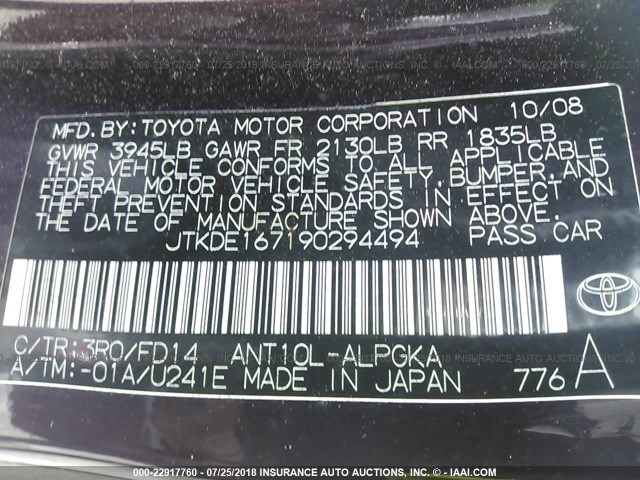 JTKDE167190294494 - 2009 TOYOTA SCION TC 紫色 照片 9