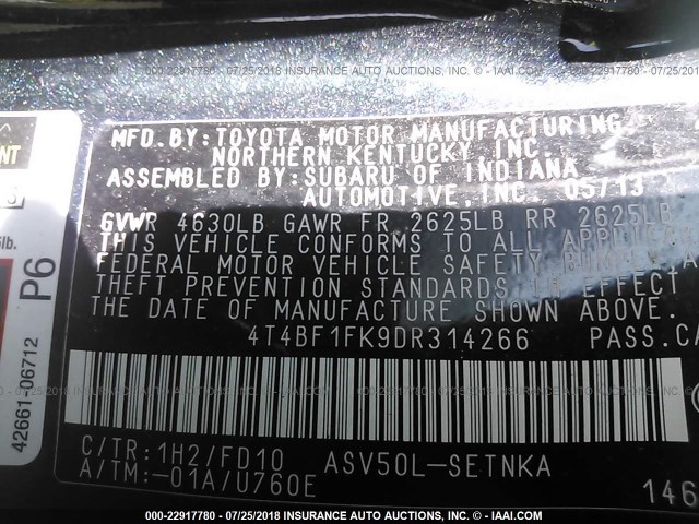 4T4BF1FK9DR314266 - 2013 TOYOTA CAMRY L/SE/LE/XLE 黑色 照片 9