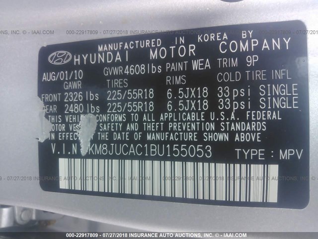 KM8JUCAC1BU155053 - 2011 HYUNDAI TUCSON GLS/LIMITED SILVER photo 9