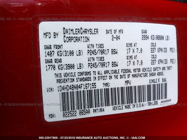 1D4HD48N04F167155 - 2004 DODGE DURANGO SLT RED photo 9