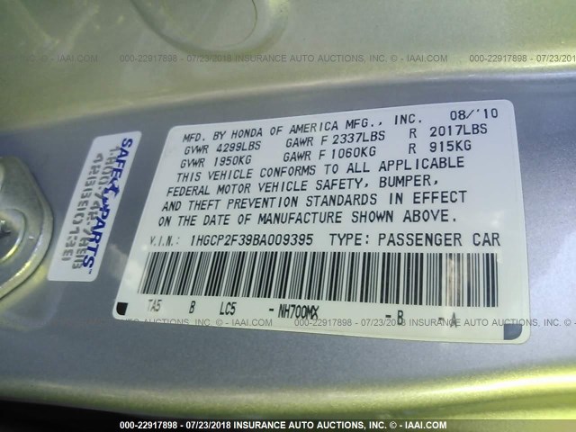 1HGCP2F39BA009395 - 2011 HONDA ACCORD LX SILVER photo 9