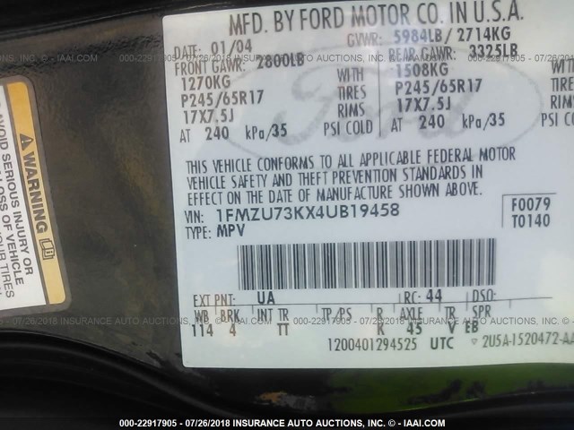 1FMZU73KX4UB19458 - 2004 FORD EXPLORER XLT/XLT SPORT/NBX 黑色 照片 9