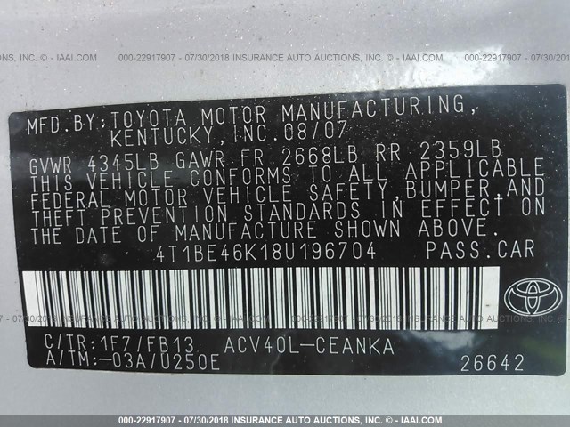 4T1BE46K18U196704 - 2008 TOYOTA CAMRY CE/LE/XLE/SE SILVER photo 9