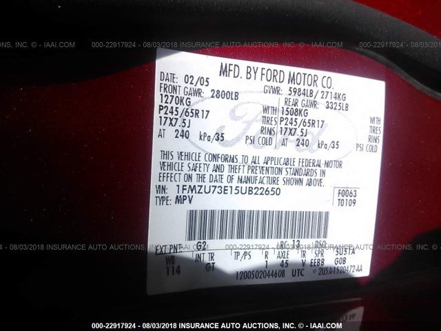 1FMZU73E15UB22650 - 2005 FORD EXPLORER XLT/XLT SPORT/NBX 红色 照片 9