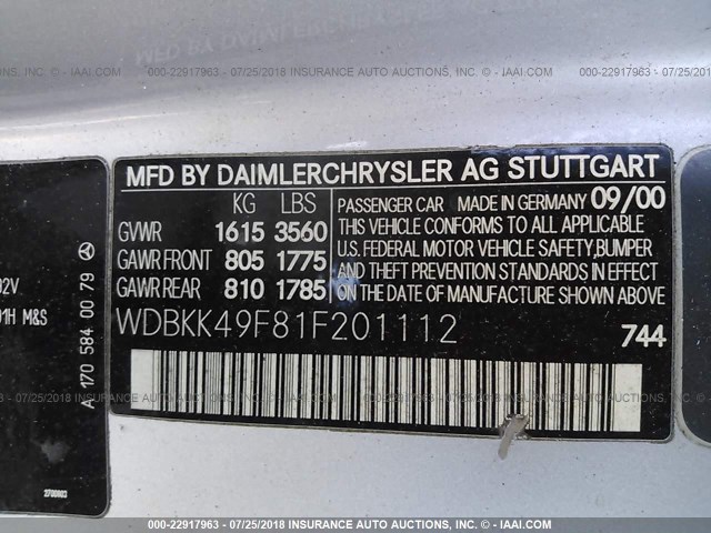 WDBKK49F81F201112 - 2001 MERCEDES-BENZ SLK 230 KOMPRESSOR SILVER photo 9