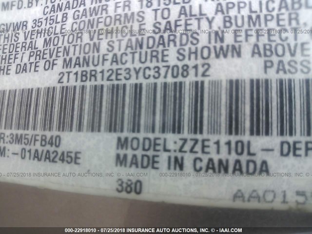 2T1BR12E3YC370812 - 2000 TOYOTA COROLLA VE/CE/LE 棕色 照片 9