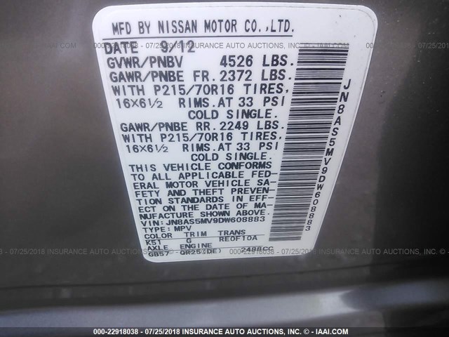 JN8AS5MV9DW608883 - 2013 NISSAN ROGUE S/SV GRAY photo 9