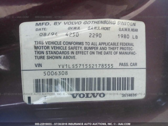 YV1LS5715S2178555 - 1995 VOLVO 850 MAROON photo 9