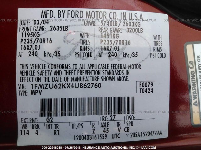 1FMZU62KX4UB62760 - 2004 FORD EXPLORER XLS/XLS SPORT RED photo 9