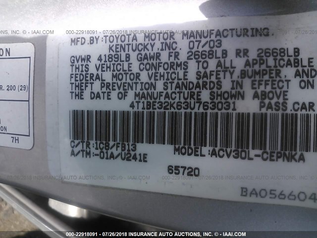 4T1BE32K63U763031 - 2003 TOYOTA CAMRY LE/XLE/SE Gümüş foto 9