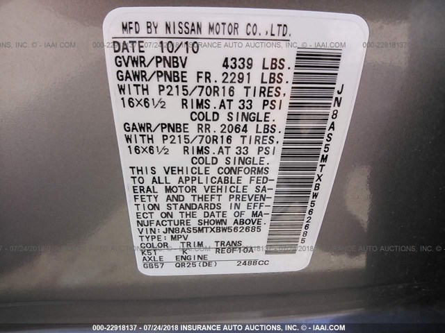 JN8AS5MTXBW562685 - 2011 NISSAN ROGUE S/SV/KROM GRAY photo 9