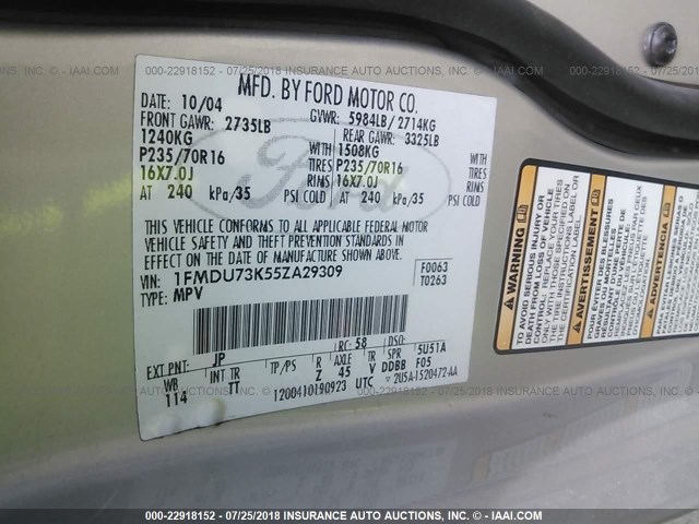 1FMDU73K55ZA29309 - 2005 FORD EXPLORER XLT/XLT SPORT/NBX 银色 照片 9