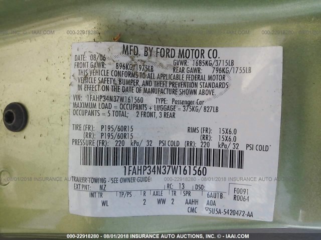 1FAHP34N37W161560 - 2007 FORD FOCUS ZX4/S/SE/SES GREEN photo 9