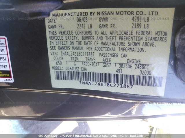 1N4AL24E18C271887 - 2008 NISSAN ALTIMA 2.5S GRAY photo 9