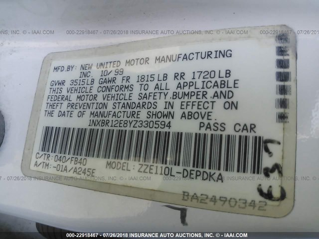 1NXBR12E8YZ330594 - 2000 TOYOTA COROLLA VE/CE/LE 白色 照片 9