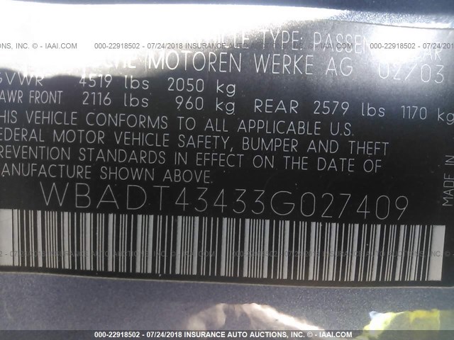 WBADT43433G027409 - 2003 BMW 525 I AUTOMATIC BLUE photo 9