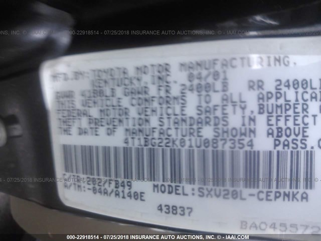 4T1BG22K01U087354 - 2001 TOYOTA CAMRY CE/LE/XLE BLACK photo 9