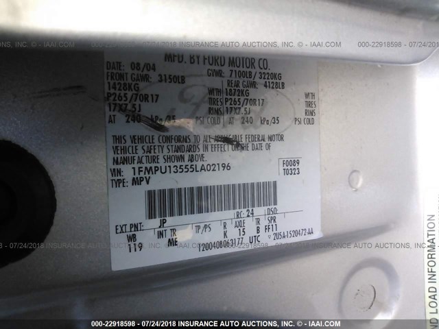 1FMPU13555LA02196 - 2005 FORD EXPEDITION XLS SILVER photo 9