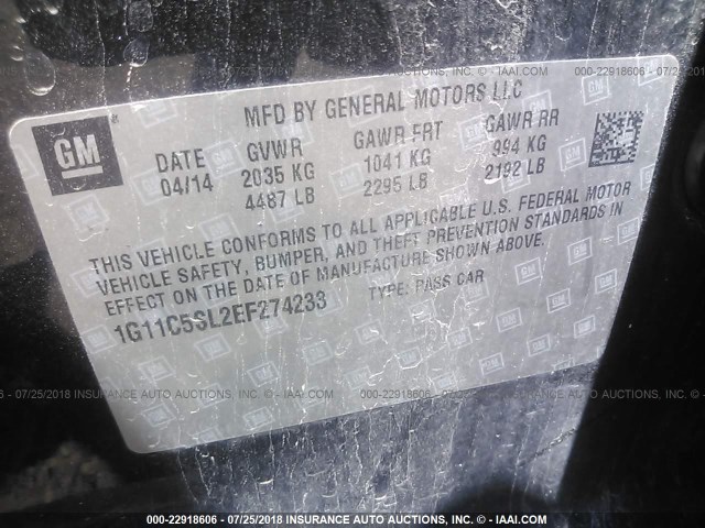 1G11C5SL2EF274233 - 2014 CHEVROLET MALIBU 1LT BLACK photo 9