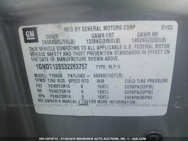 1GNDT13S532263757 - 2003 CHEVROLET TRAILBLAZER  TAN photo 9