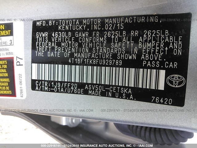 4T1BF1FK8FU929789 - 2015 TOYOTA CAMRY LE/XLE/SE/XSE 银色 照片 9