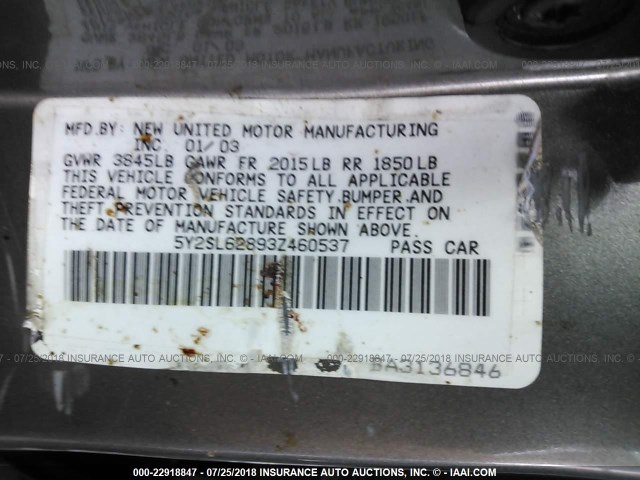 5Y2SL62893Z460537 - 2003 PONTIAC VIBE GRAY photo 9