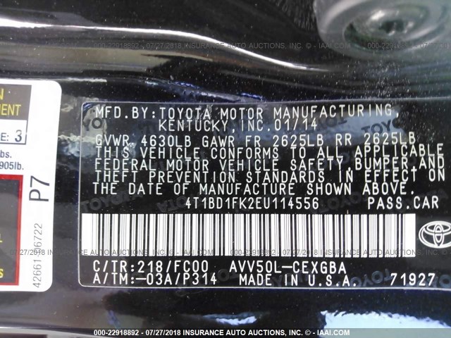4T1BD1FK2EU114556 - 2014 TOYOTA CAMRY HYBRID/LE/XLE 黑色 照片 9