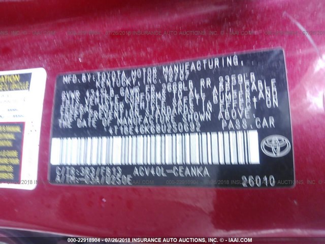 4T1BE46K68U250692 - 2008 TOYOTA CAMRY CE/LE/XLE/SE RED photo 9