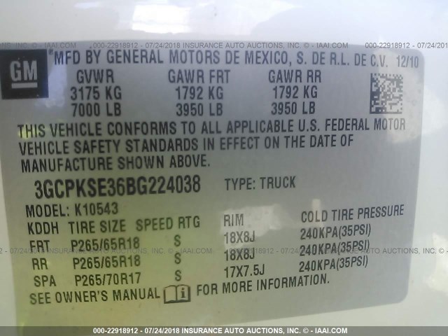 3GCPKSE36BG224038 - 2011 CHEVROLET SILVERADO K1500 LT WHITE photo 9