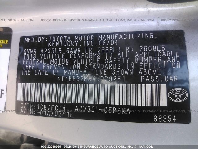 4T1BE32K54U929251 - 2004 TOYOTA CAMRY LE/XLE/SE 银色 照片 9