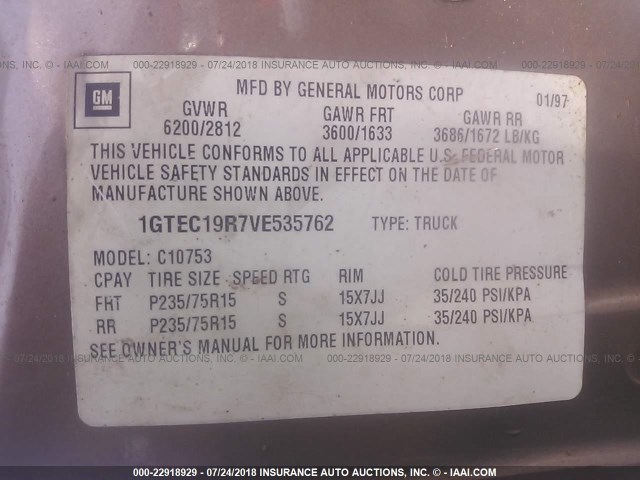 1GTEC19R7VE535762 - 1997 GMC SIERRA C1500 GOLD photo 9