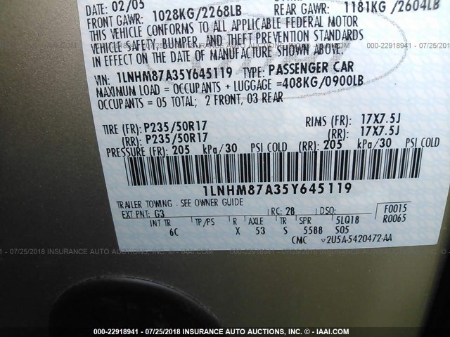 1LNHM87A35Y645119 - 2005 LINCOLN LS 金色 照片 9