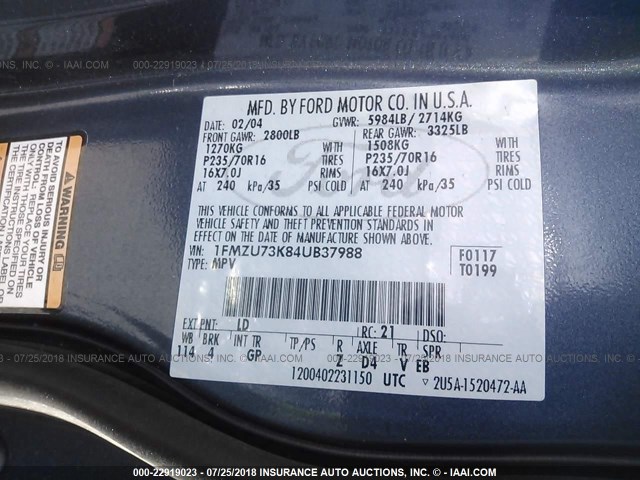 1FMZU73K84UB37988 - 2004 FORD EXPLORER XLT/XLT SPORT/NBX 蓝色 照片 9