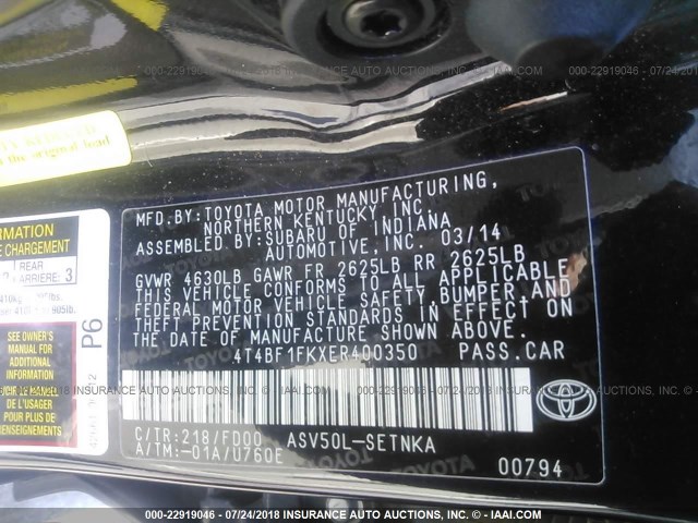 4T4BF1FKXER400350 - 2014 TOYOTA CAMRY L/SE/LE/XLE 黑色 照片 9