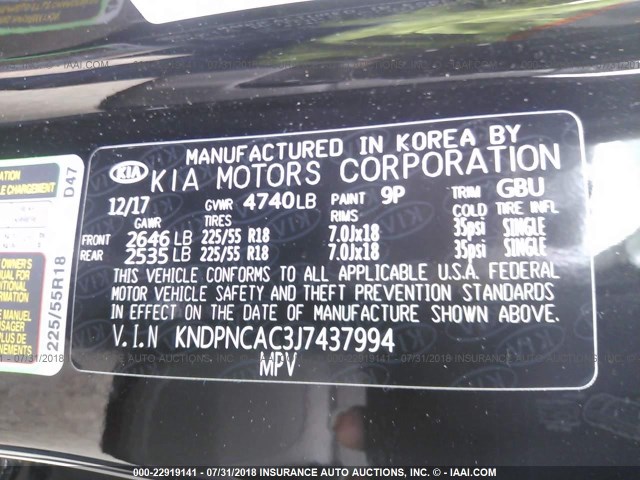 KNDPNCAC3J7437994 - 2018 KIA SPORTAGE EX BLACK photo 9