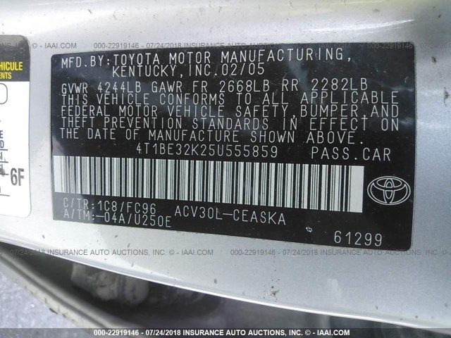 4T1BE32K25U555859 - 2005 TOYOTA CAMRY LE/XLE/SE 灰色 照片 9