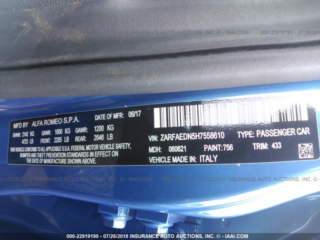 ZARFAEDN5H7558610 - 2017 ALFA ROMEO GIULIA Q4 蓝色 照片 9