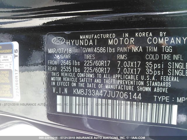 KM8J33A47JU706144 - 2018 HYUNDAI TUCSON BLACK photo 9